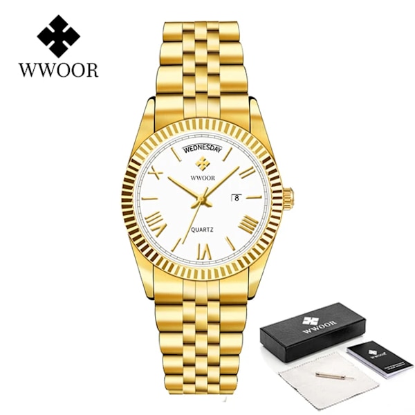 WWOOR Nya guldklockor Herr lyxigt rostfritt stål med kalender Warterproof manlig klocka Week Quartz Armbandsur Relogio Masculino Gold white box