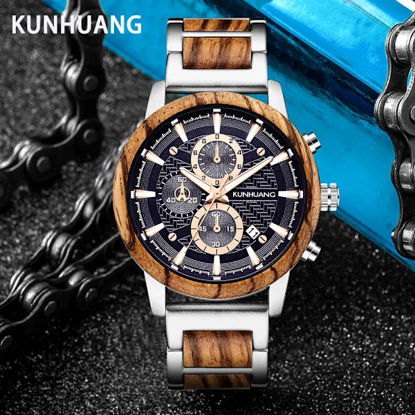 KUNHUANG Träklockor Lyxig lysande multifunktions träkvarts watch för män Mode Sport Klockor Zegarek męski Black red box
