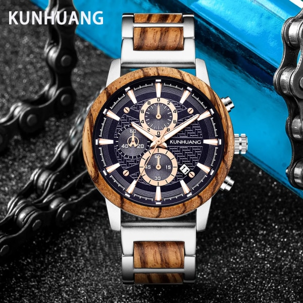 KUNHUANG Träklockor Lyxig lysande multifunktions träkvarts watch för män Mode Sport Klockor Zegarek męski Silver brown box