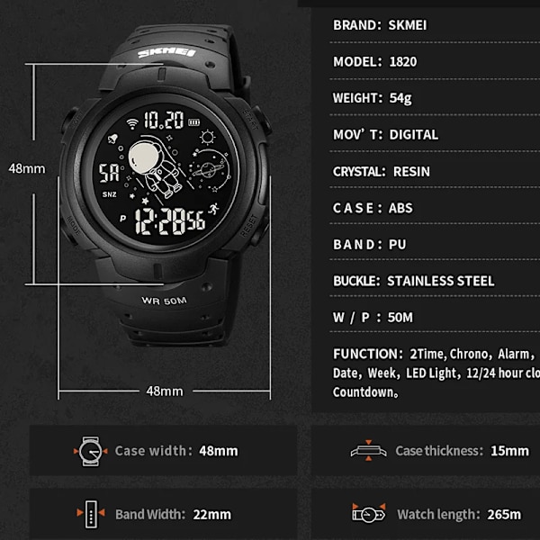 Sportklockor Herrklocka Cosmonaut Dial Time Led Light Display Watch Herr Digital Armbandsur 50M Vattentät SKMEI Reloj Hombre 1068 RED