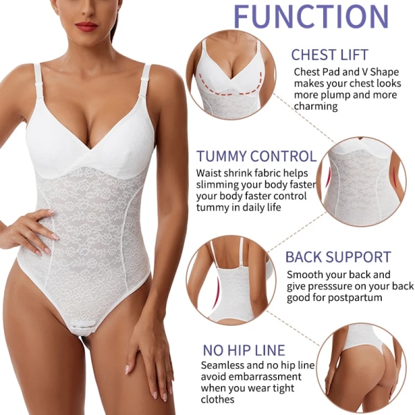 Bodysuit med spets för kvinnor Magkontroll Camisole Shapewear Ärmlös topp Fajas Colombianas V-ringad Backless Jumpsuit Full Body Shaper White M