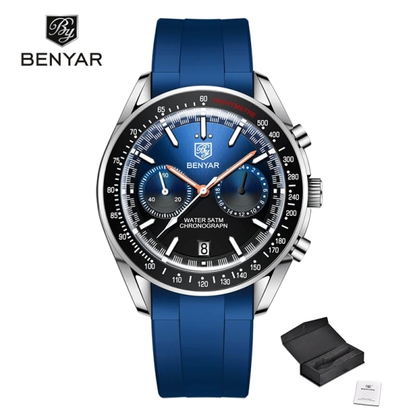 2023 Ny BENYAR Watch för män Lyx kvarts kronograf herrklockor Sport Vattentät Automatisk självlysande klocka Reloj Hombre J Blue