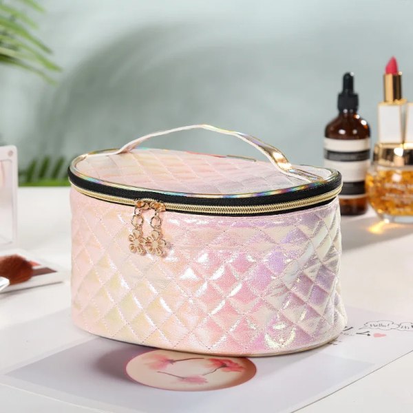 FUDEAM Läder Argyle Kvinnor Kosmetikväska med spegel Multifunktions resor toalettartiklar Förvaring Organisera Bärbar handväska Case Light Pink