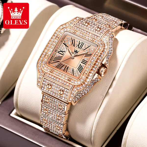 OLEVS Quartz Watch for Women All Diamond Luxury Waterproof Rostfritt stål Rose Gold Elegant Original Women's Quartz Watch Rose