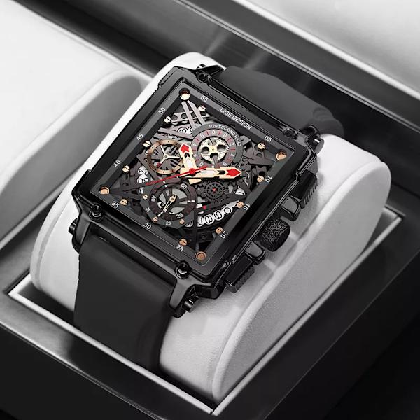2023 nya LIGE Herrklockor Toppmärke Lyx Hollow Square Watch För män Mode Silikonrem Vattentät Quartz Armbandsur All black