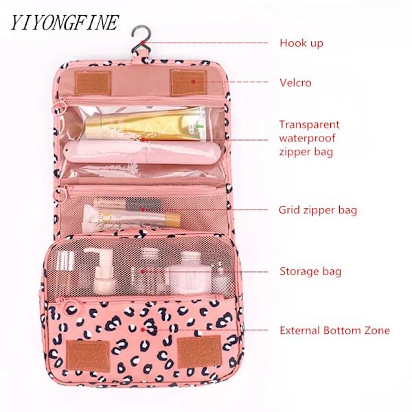 Resekrok Kosmetikväska Dam Sminkväska Vattentät Toalettartiklar Skönhetspåse Unisex badrum Nödvändig smink Organizer Grey flamingo
