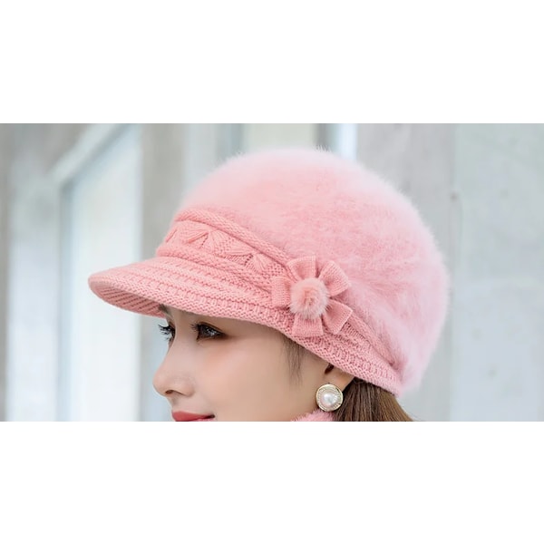 Ny vintermössa Tjock varm stickad mössa Halsduk Vantar 3-delars set för kvinnor Elegant blommig basker Utomhus Skidåkning Ridhjälm pink hat