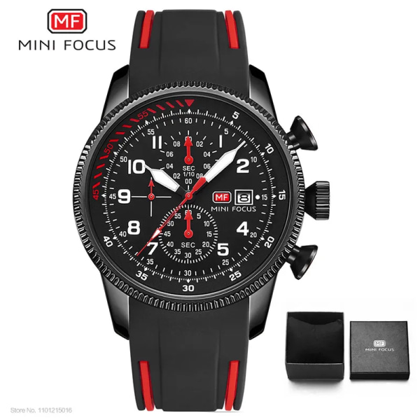 MINI FOCUS Sport Quartz Watch för män Mode Vattentät Chronograph Armbandsur med blå silikonrem Auto Date Luminous 0379 0379 Black red-Box