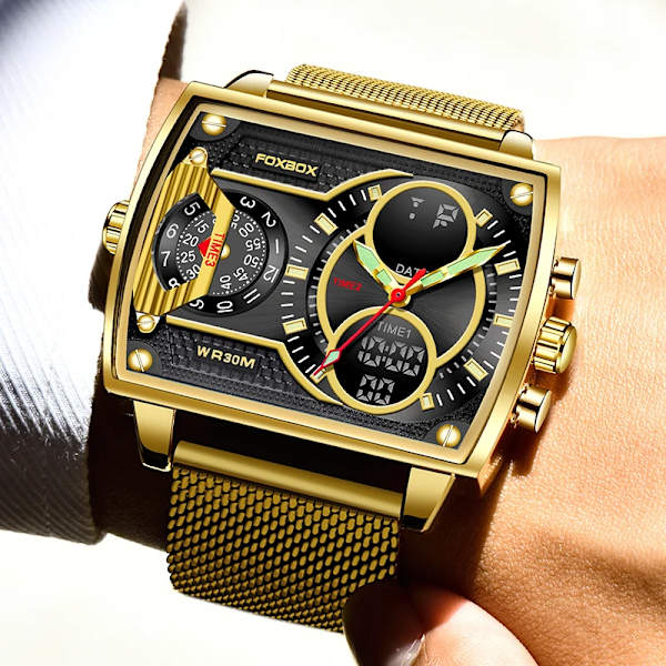 2023 Toppmärke Lyx Watch Mode Fyrkantig watch Herr Casual Vattentät Dubbel Display Klockor Relogio Masculino+BOX all black