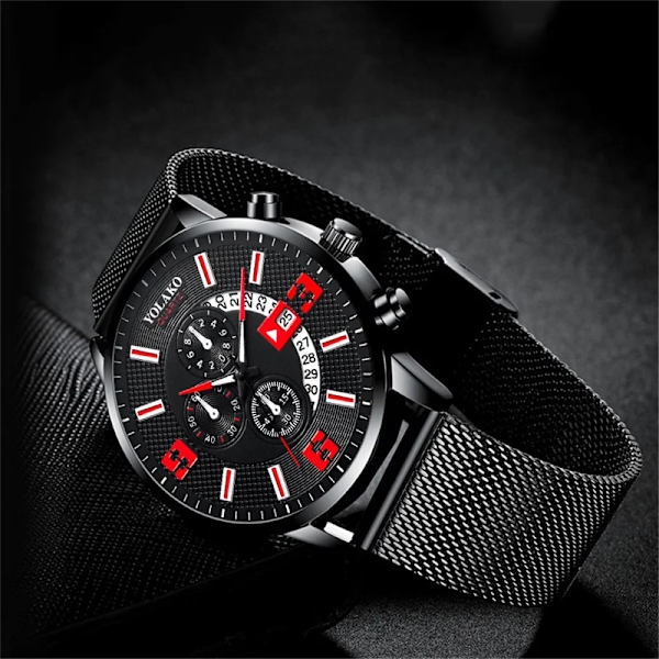 Klockor Herrmode Kalenderklocka Herr Watch Rostfritt stål Mesh Bälte Quartz Armbandsur Watch relogio masculino Black Blue(.348)