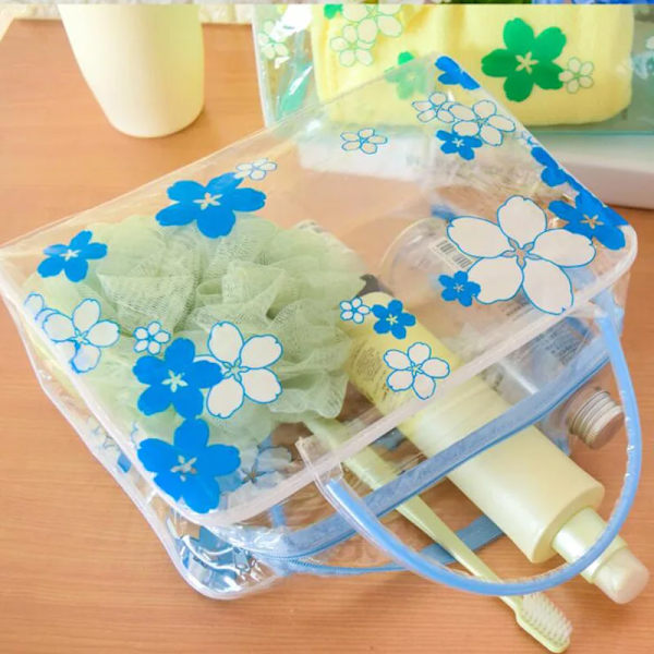 Kvinnor Blomma PVC Transparent kosmetisk väska Mode Tjej Resor Smink Toalettväskor Smink Organizer Case Tygväska Blue