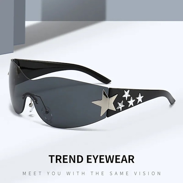 Femuddig stjärna Rhinestone båglösa Y2K solglasögon Kvinnor Män Trendiga 2023'S Wrap Around Solglasögon Punk One Piece Goggles Silver