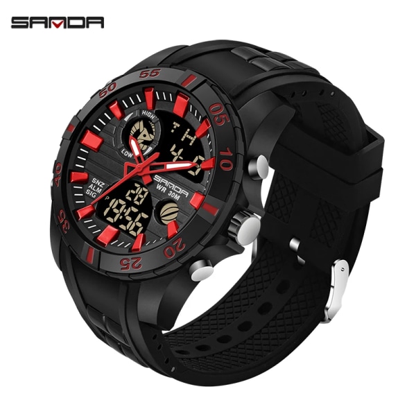 SANDA Watch Digital Vattentät Sportklockor Original Kalender Pojke Armbandsur Militär Elektronisk Handledsklocka Klocka Black-red