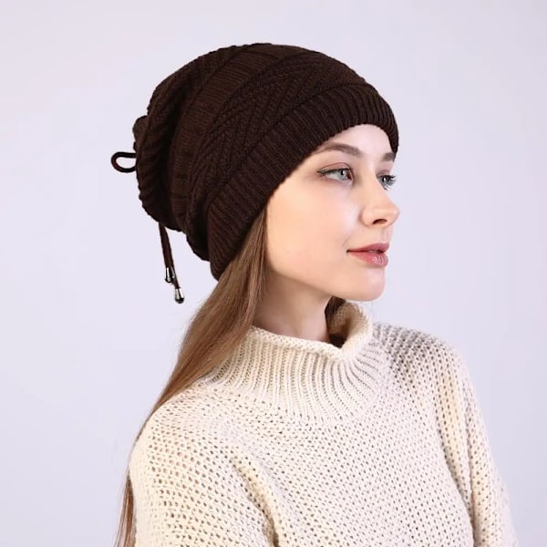 Mode Stretchig Stickad Skullies Beanies Hatt Solid Snood Halsduk Varm Beanie För Kvinnor Höst Vinter Kvinnlig Beanie Mössa coffee One Size