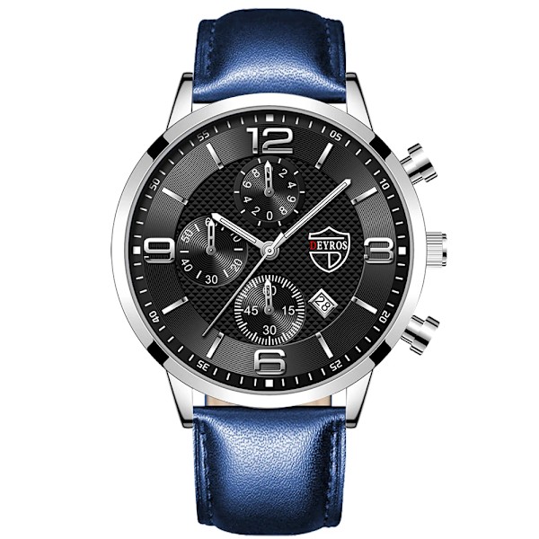 Lyx Herr Klockor i rostfritt stål Mode Herr Affär Läder Watch Man Kalender Datum Lysande klocka relogio masculino Leather Blue Black