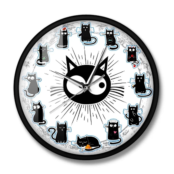 Svart Katt Glädje Stil Väggklocka Kattungar Väggkonst Tyst Klocka Cartoon Katter Barnrum Barnkammare Dekorativ Väggklocka Kattälskare Present Metal Frame