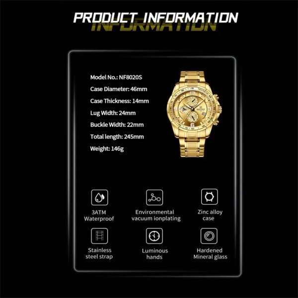 NAVIFORCE Temperament Herr Lyx Mode Design Guld Herr Klockor Multifunktion Luminous Quartz Armbandsur för män Relogio Masculino GBE-BOX