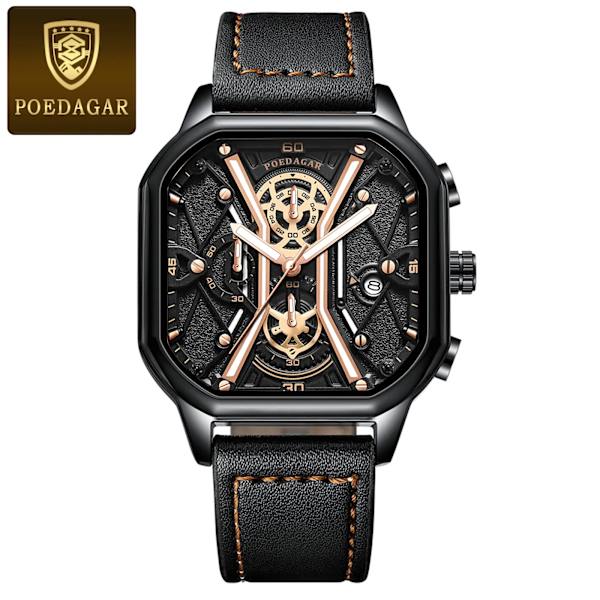 POEDAGAR Lyx Herrarmbandsur Högkvalitativ vattentät kronograf Lysande Date Man Klockor Läder Herr Quartz Watch Militär Black Gold L