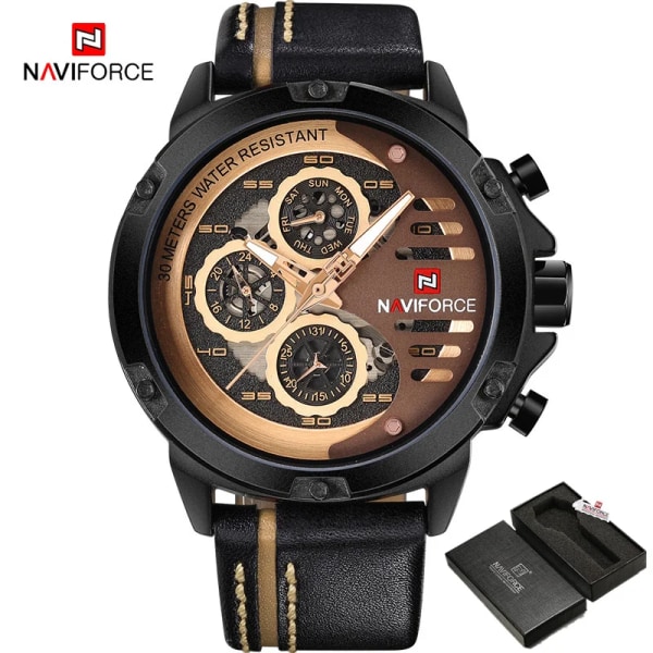 NAVIFORCE Herrklockor Toppmärke Lyx Vattentät 24-timmarsdatum Quartz Watch Man Läder Watch Herr Vattentät klocka BRGBN BOX