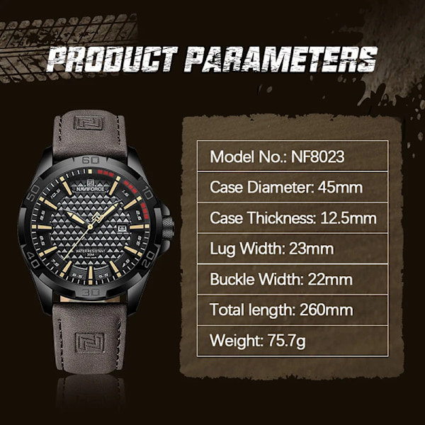 NAVIFORCE Herr Casual Militär Quartz Watch för män Läder Vattentät klocka Relogio Masculino NF8023 BWB-BOX