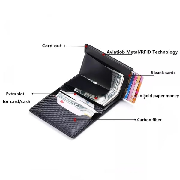 TANGMO kolfiberplånbok Magic smartkortsfodral Case Smal Tunn Pop Up Metall RFID-plånbok för män Kreditkortshållare Carbon Fiber