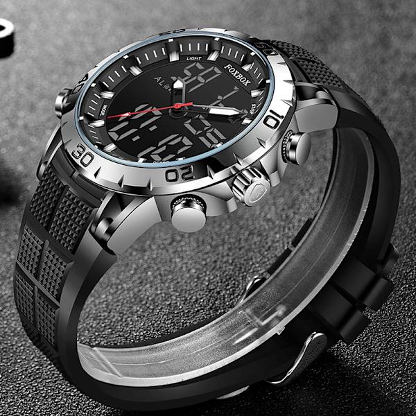 FOXBOX Herrklockor Sport Toppmärke Lyx Dual Display Quartz Watch Herr Militär vattentät klocka Digital elektronisk watch+ Box full black(.268)