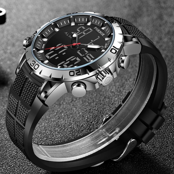 FOXBOX Herrklockor Sport Toppmärke Lyx Dual Display Quartz Watch Herr Militär vattentät klocka Digital elektronisk watch+ Box Silver black(.141)