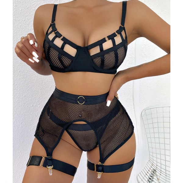 YBFDO Grimma Underkläder Spets Sexiga Mesh BH:ar Stringset Dam Transparent Sexiga Underkläder Strumpeband Kläder Kvinna Type 3 L