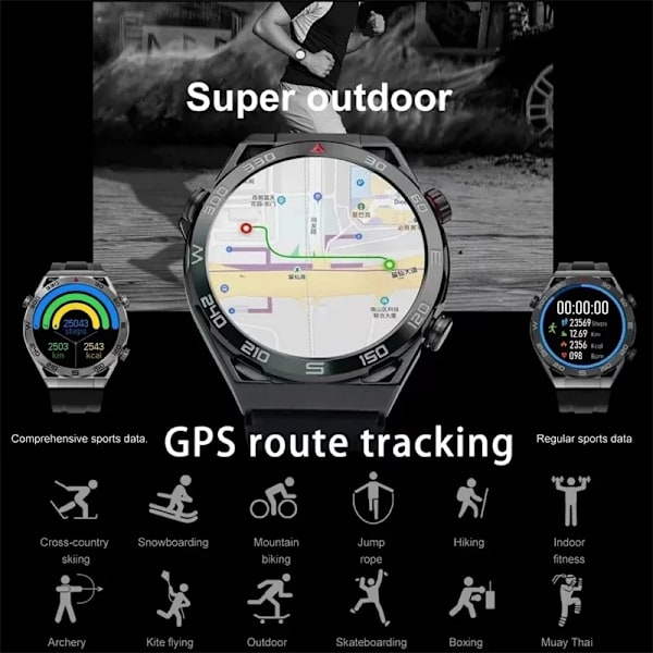 NFC AMOLED Smart Watch Herr Custom Dial Svara Ring Sport GPS Track Kompass IP68 Vattentät Smartwatch För Huawei Ultimate Silver Mesh Belt