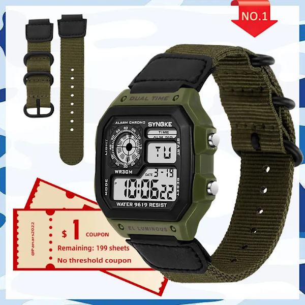 SYNOKE Digital Watch för män Led Vattentät Man Nylon Klockor Lyx Sport Man Armbandsur Stor väckarklocka Relojes Deportivos Ordinally green-c