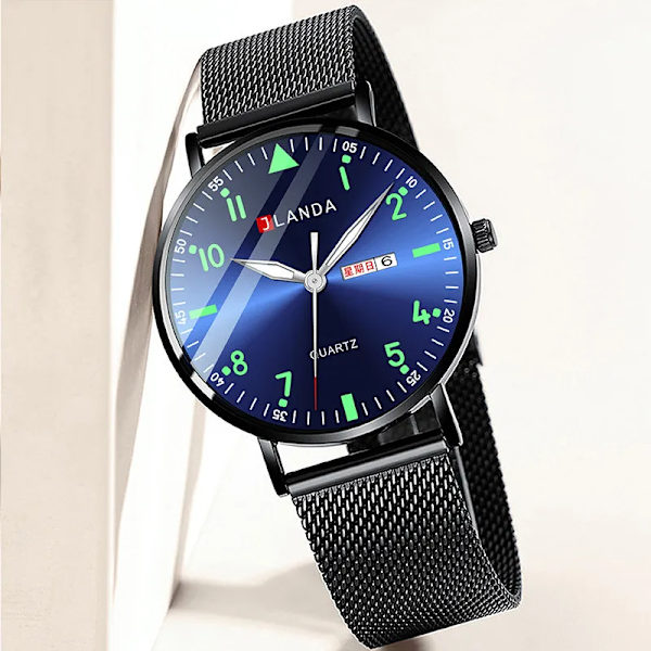 Nya klockor män lyxmärke 6 mm ultratunna mode män klockor rostfritt stål Mesh bälte Lysande vattentät kvarts watch Black