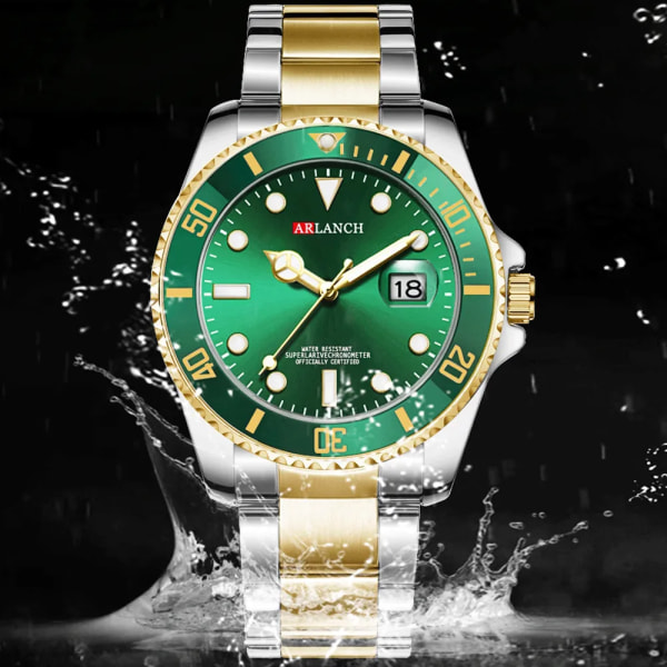 ARLANCH Hot Sell Herr Quartz Steel Watch Lysande Datum Analog Casual Watch Business Vattentät Watch Man Relogio Masculino Gold green