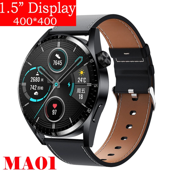 Ny Smart Watch Herr Android GT3 IP68 Vattentät NFC Smartwatch Trådlös Laddning Bluetooth Ring Herr Watch för Black Leather watch for men