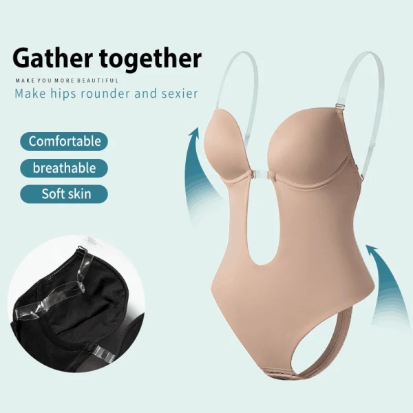 Rygglös bodysuit shapewear Med bh djup V-ringad string tunn body shaper för festklubbbröllop under klänning Strapless Saamless Black XL(38)