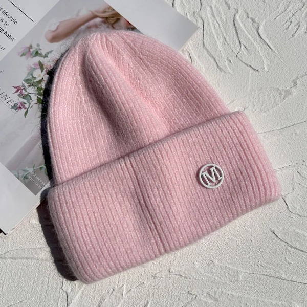 Vinterstickade mössor för kvinnor, trendiga, enfärgade, varma, kashmirskullies, dammössa, trefaldig, tjock pink M 54-60cm