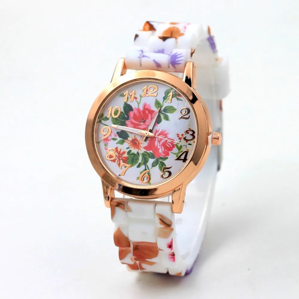 Mode Printed Silikonarmband Klocka Kvarts Watch Kvinnor Blommönster Flerfärgat Armbandsur orologio donna reloj D