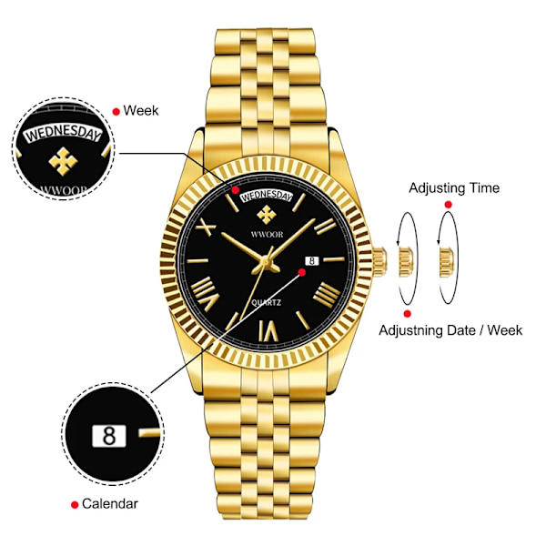 WWOOR Nya guldklockor Herr lyxigt rostfritt stål med kalender Warterproof manlig klocka Week Quartz Armbandsur Relogio Masculino Gold white