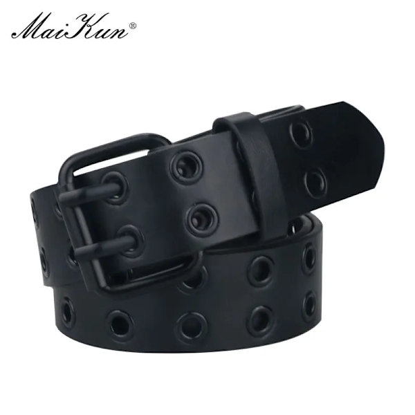 MaiKun Kvinnor Punk Goth Bälten Märke Läder Kvinnor Grunge Bälte Halloween Double Pin Spänne Kvinnlig Bälte för Jeans Streetwear AllBlack 100cm