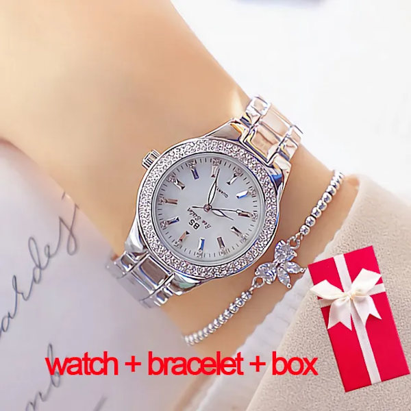 2023 Damarmbandsur Klänning Watch Dam Kristall Diamantklockor Rostfritt stål Silverklocka Dam Montre Femme 2022 silver set