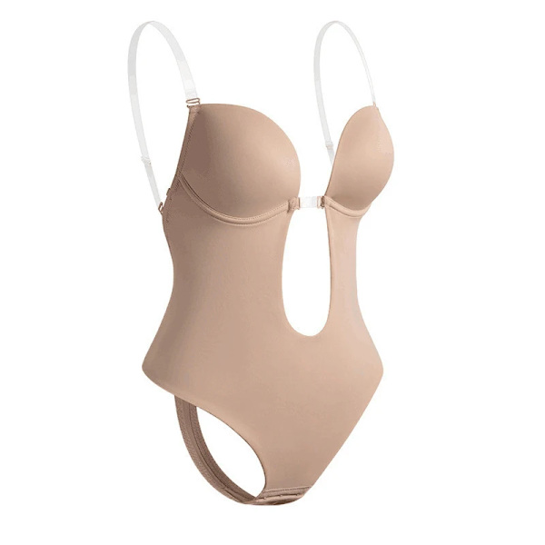 Woo Store Push Up Dam Bodysuit Sexig Shapewear Rygglösa underkläder Djup V-halsrem U Plunge BH med stringtrosa Skin M