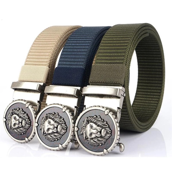 SupSindy Mans Nylon Lyx Guld Lions Metall Automatiskt spänne Canvasbälten för män Mode Jeans Midjeband Svart manlig rem Silver buckle blue 110cm