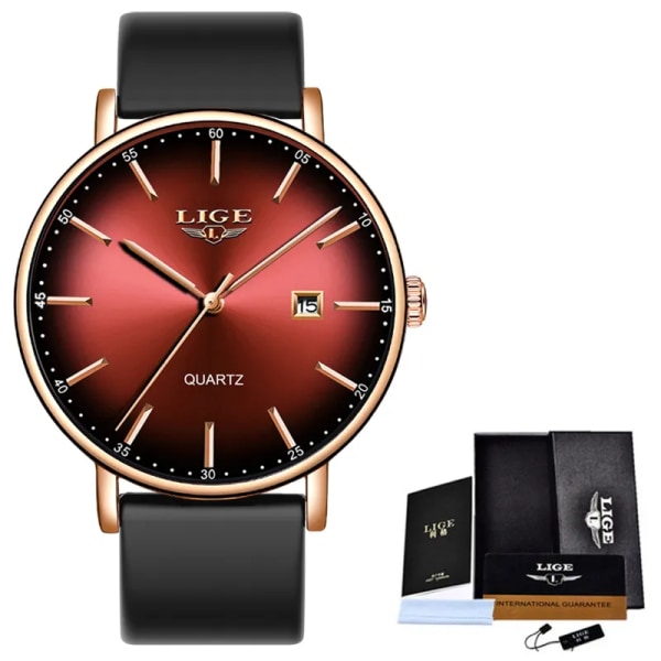 LIGE Damklockor Lyxmärke Ultratunn kalendervecka Quartz Watch Damklockor Mesh Rostfritt stål Vattentät Reloj Mujer Silicone Red