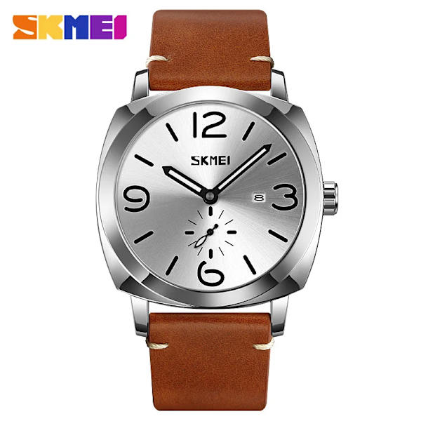Watch SKMEI Märke Mode Sport Kvartsklockor Herr Läder Vattentät Chronograph Clock Business Relogio Masculino Silver Brown