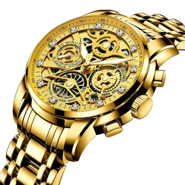 Svänghjul Roterande fönster Herrklockor Lyx Mode Lysande Date Herr Watch Vattentät Manklocka Relogio Reloj Hombre Gold