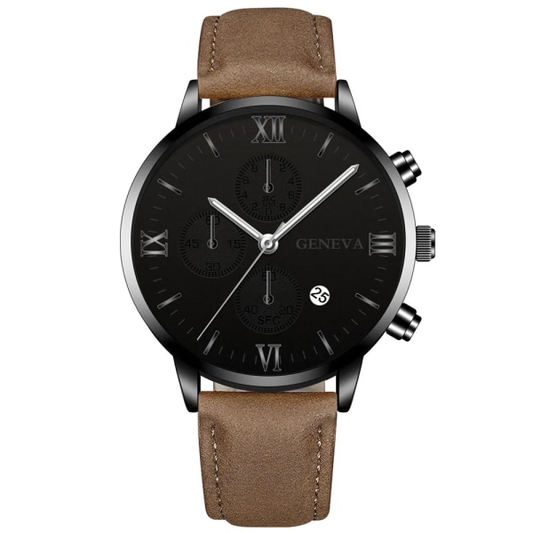 Mode Genève Män Datum Legering Case Syntetiskt Läder Analog Kvarts Watch Man Klocka Toppmärke Lyx Relogio Masculino 13 Brown-Silver-Whit