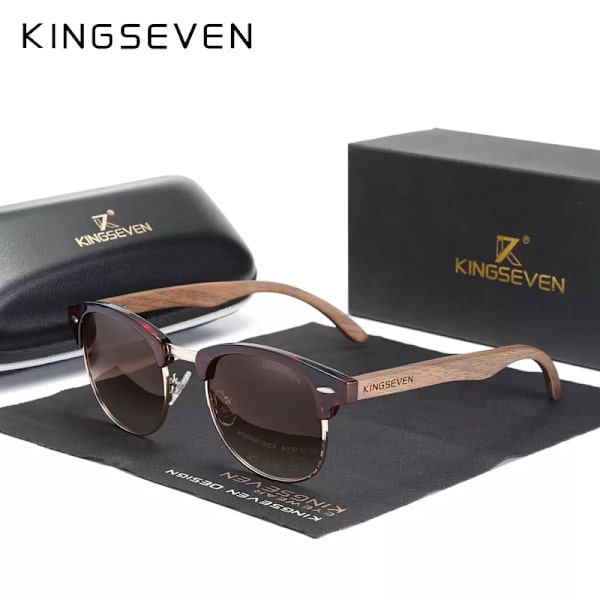 KINGSEVEN Handgjorda 2022 svarta valnötssolglasögon av trä för män Polariserad UV400-skydd Halvbåglös retroglasögon Dam Oculos Brown Original