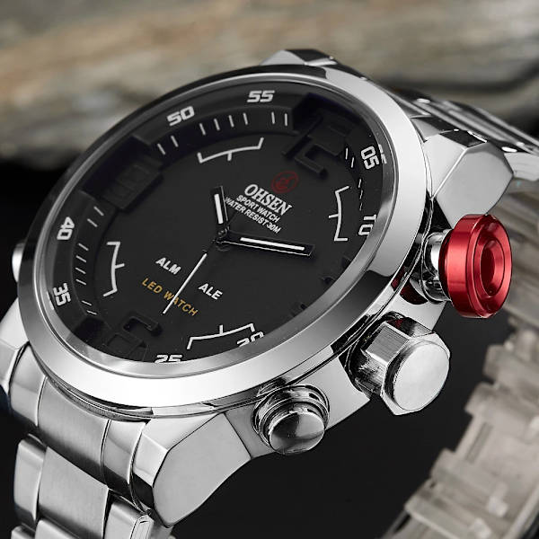 Nytt märke OHSEN Digital Quartz Herr Business Armbandsur Vit Helt stålband Mode LED Militärklänning Casual Watch Present Silver Black Watch