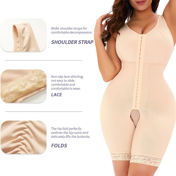 Kvinnor 3 i 1 Shapewear Helkroppsformare Bantning Bodysuit Waist trainer Lårtrimmer Rumplyft Efter operation Kompressionsplagg Beige 2XL