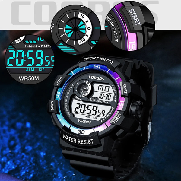 Nyaste sportklockor för män Lyxmärke Vattentät Lysande Militär Armbandsur Man Multifunktion Färgrik Digital klocka 0939 sky blue