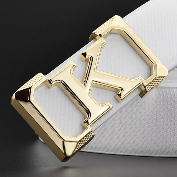 K bokstaven Casual bälte för män Vit modedesigner bälten pojke fritid Koskn midjerem äkta läder metallspänne Midjeband white silver buckle 125cm